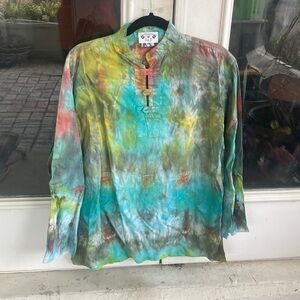 Men Tie-Dye Mandarin Collar Shirt in Teal, Yellow